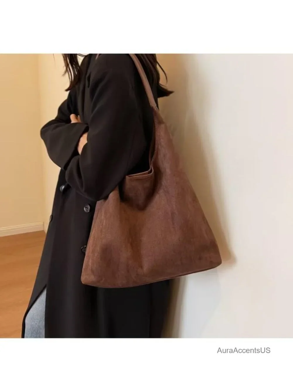 Faux Suede Hobo Bag Women Slouchy Tote Shoulder Purse Retro Work